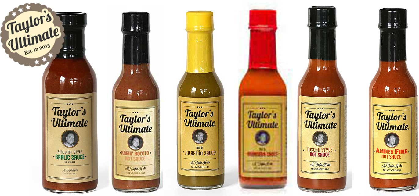 assortment of Taylor's Ultimate sauces lined up with Taylor's Ultimate Sauces logo